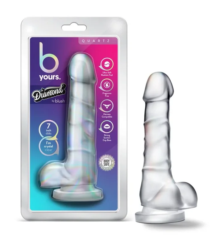 B Yours Diamond By Blush® | Quartz Realistic Clear 7.5-Inch Long Dildo With Balls & Suction Cup Base