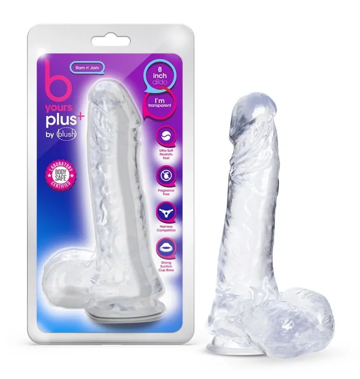 B Yours Plus By Blush® | Ram N’ Jam Realistic Clear 8-Inch Long Dildo With Balls & Suction Cup Base