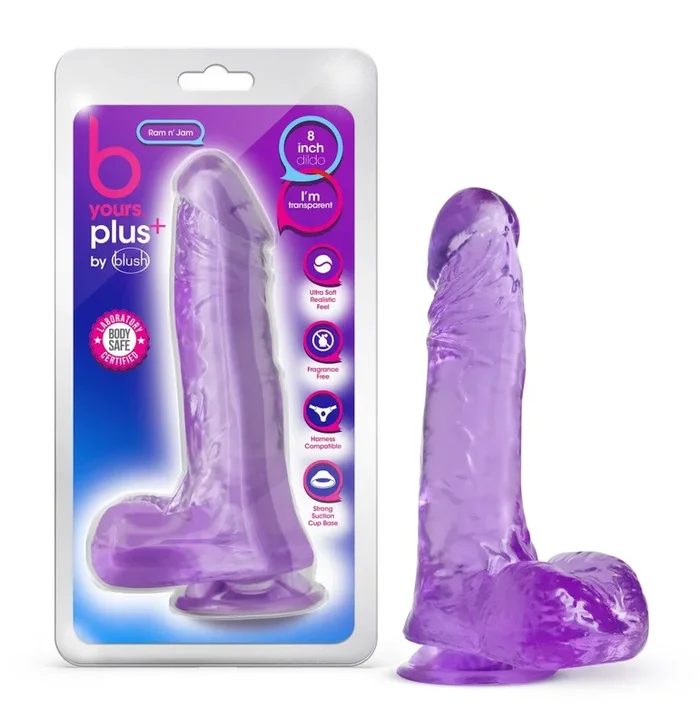 B Yours Plus By Blush® | Ram N’ Jam Realistic Purple 8-Inch Long Dildo With Balls & Suction Cup Base