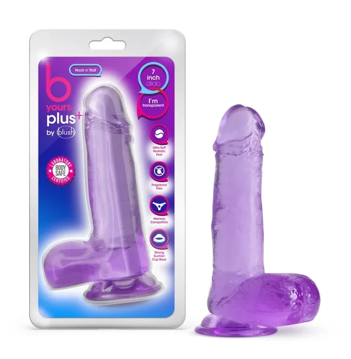B Yours Plus By Blush® | Rock N’ Roll Realistic Purple 7.25-Inch Long Dildo With Balls & Suction Cup Base