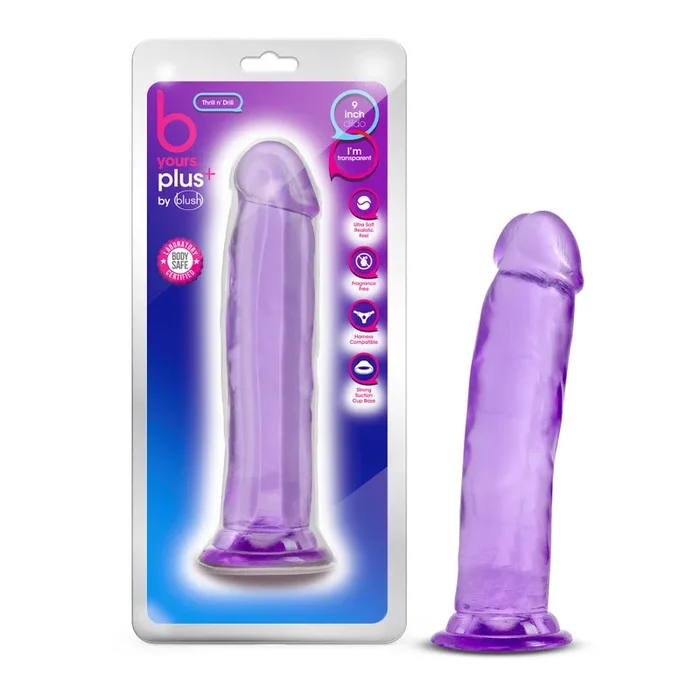B Yours Plus By Blush® | Thrill N’ Drill Realistic Purple 9-Inch Long Dildo With Suction Cup Base