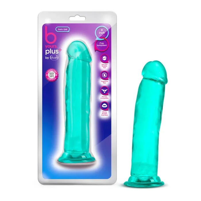 B Yours Plus By Blush® | Thrill N’ Drill Realistic Teal 9-Inch Long Dildo With Suction Cup Base