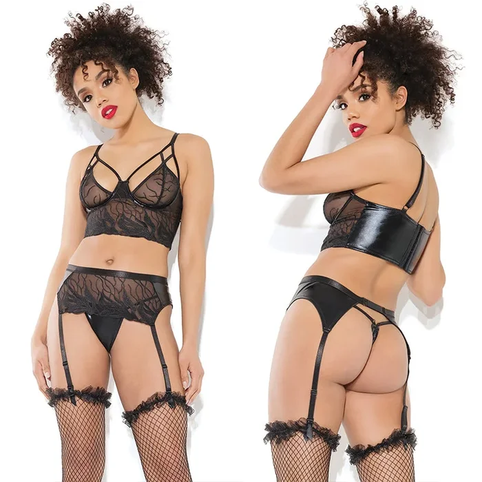 Coquette Longline Bra Garter Belt & G-String Set-Black Medium