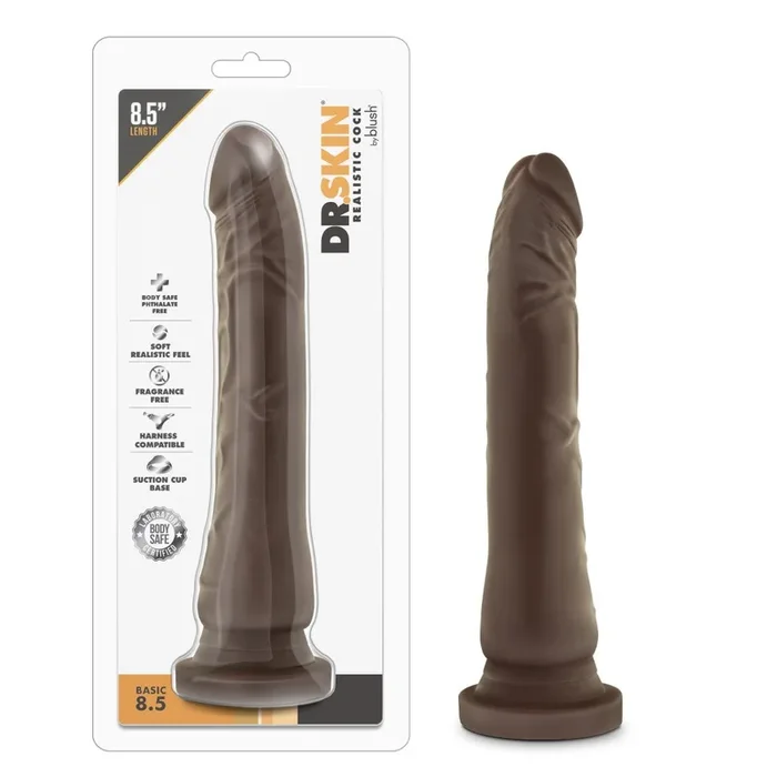 Dr. Skin By Blush® | Basic Realistic Curved G-Spot Chocolate 9-Inch Long Dildo With Suction Cup Base