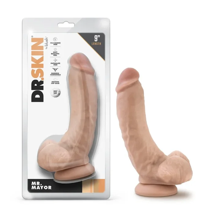 Dr. Skin By Blush® | Mr. Mayor 9 Inch Long Dildo with Suction Cup & Balls Beige