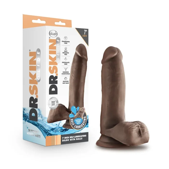 Dr. Skin Glide By Blush® | Realistic Chocolate 7-Inch Long Self-Lubricating Dildo With Balls & Suction Cup Base