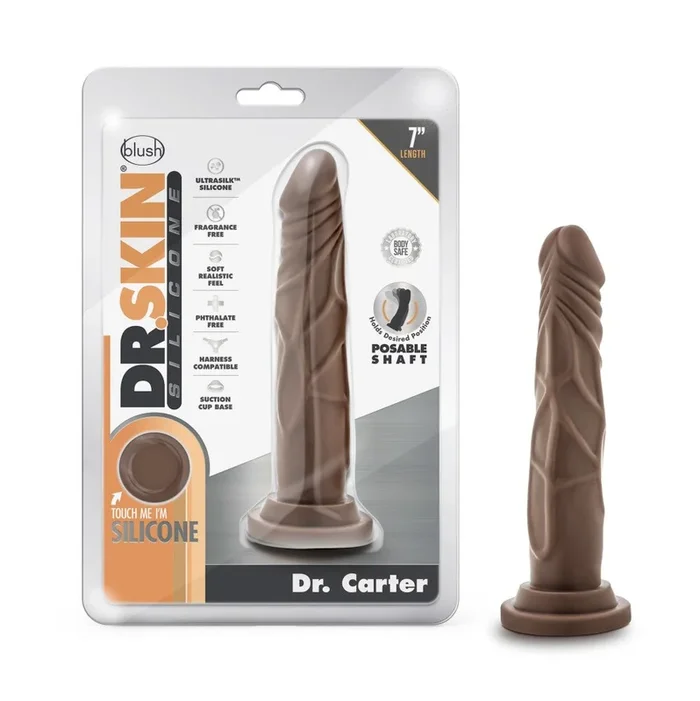 Dr. Skin Silicone By Blush® | Dr. Carter Realistic Chocolate 7.5-Inch Long Dildo With Suction Cup Base