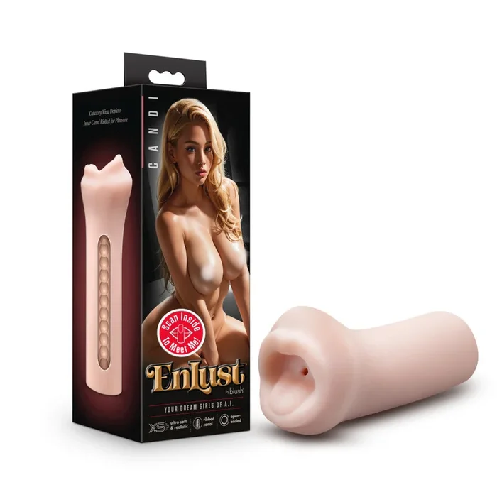Enlust By Blush® | Candi AI Male Masturbator Tight & Ribbed Canal – Made With X5® Plus Ultra Soft, Realistic Oral Feel Open Ended To Fit All Sizes – Beige