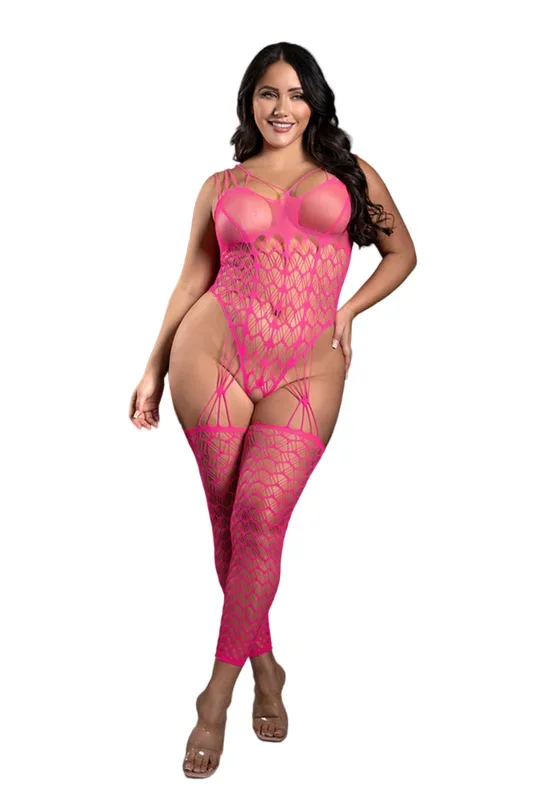 Fantasy Lingerie – Sheer – Next To You Crotchless Teddy With Attached Stockings – Plus Size