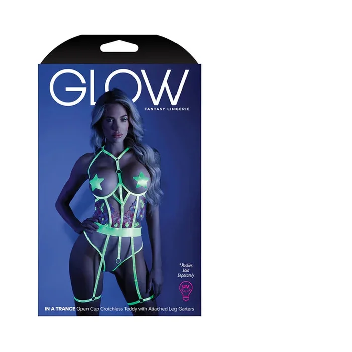 Fantasy Lingerie Glow In A Trance Open-Cup Crotchless Teddy Neon Chartreuse
