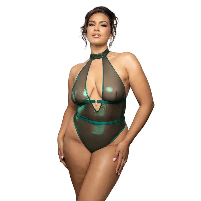 Fantasy Lingerie Radiance Emerald Keyhole Halter Teddy with Open Back & Chain Fringe 3XL/4XL