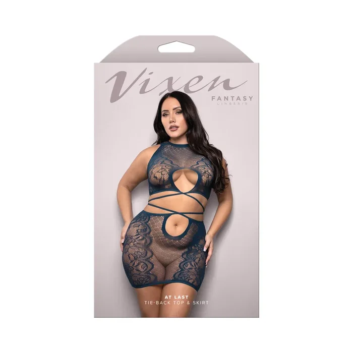 Fantasy Lingerie Vixen At Last Floral Lace Knit Tie-Back Top & Skirt Navy Queen Size