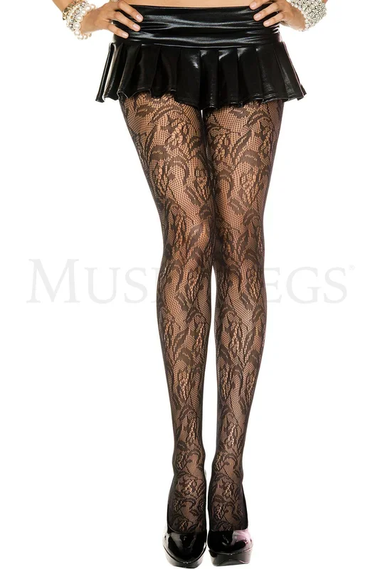 FLORAL LACE SPANDEX PANTYHOSE – BLACK