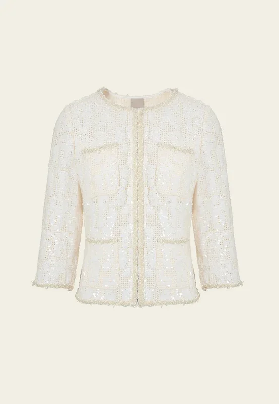 Jacquard Sequinned Bead-and-pearl Trim Pocket Jacket