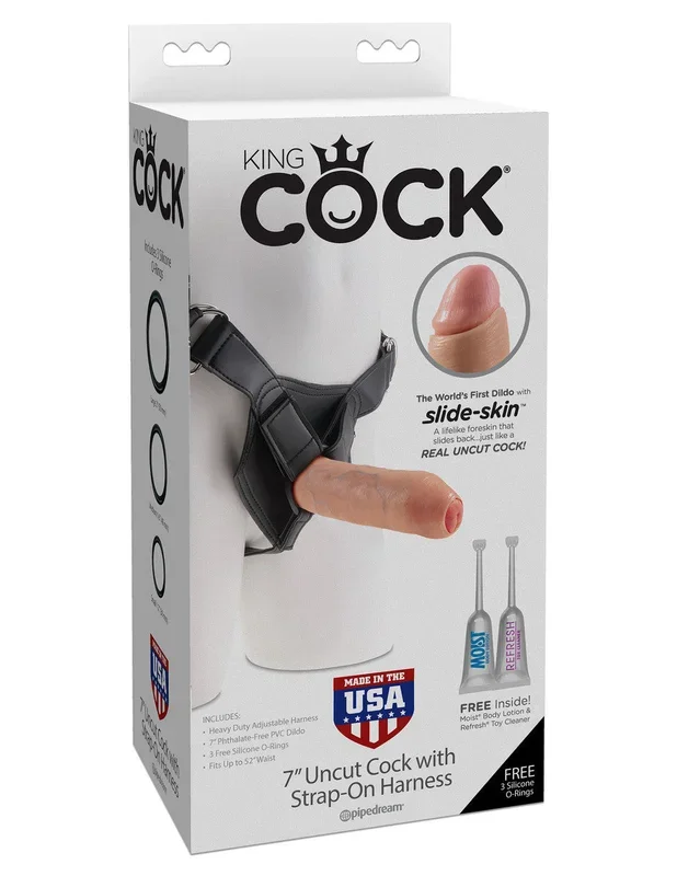 King Cock 7 in. King Cock Uncut With Strap-on Harness – Flesh