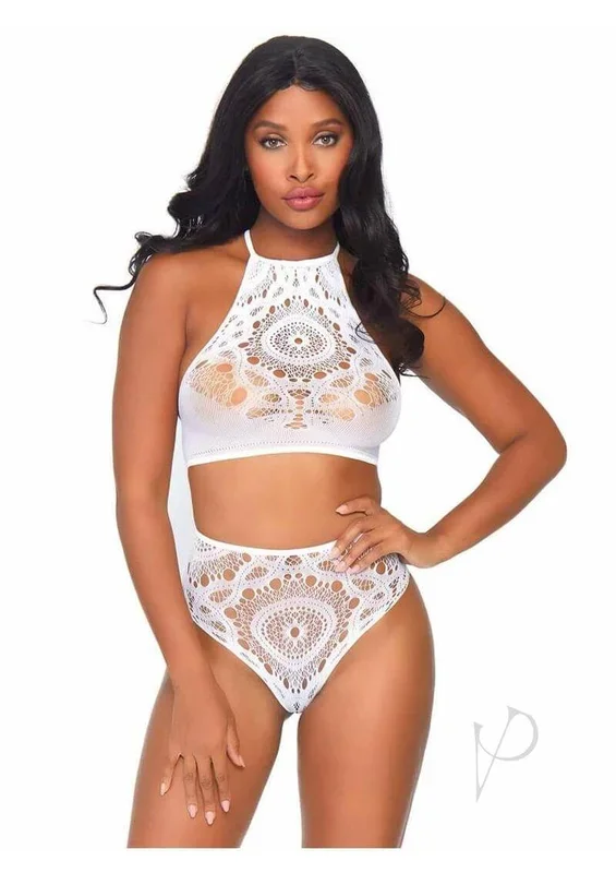 Leg Avenue Crochet Lace Halter Crop Top with Strappy Back Detail and High Waist Thong Panties (2 Piece) – White – Medium/Large