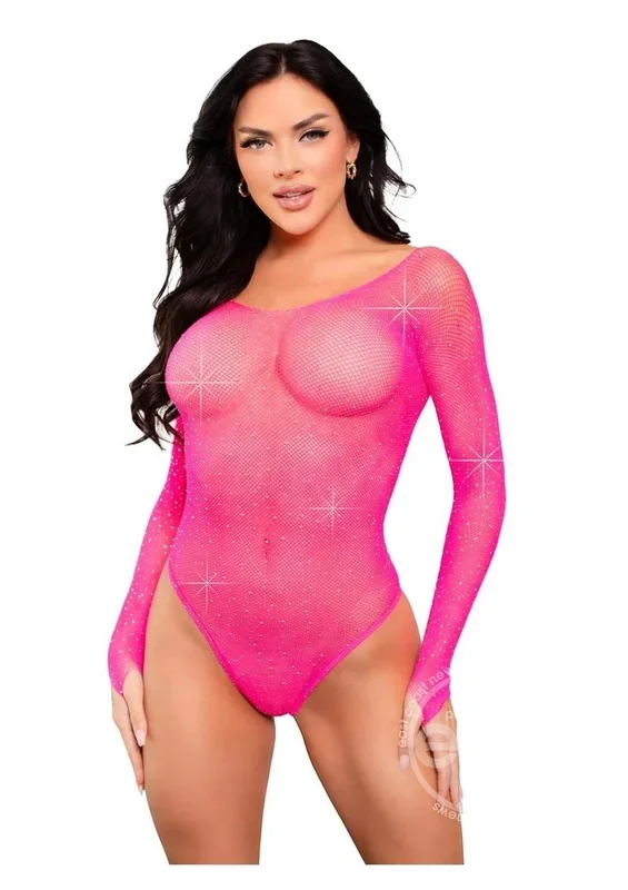 Leg Avenue Crystalized Long Sleeve Fishnet Thong Back Bodysuit with Snap Crotch – O/S – Neon Pink