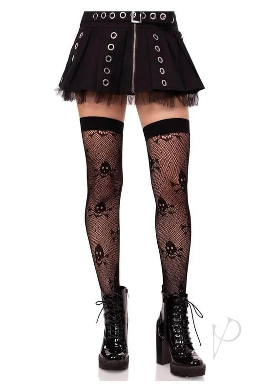 Leg Avenue Dotted Net Skull Thigh Highs – Black – O/S