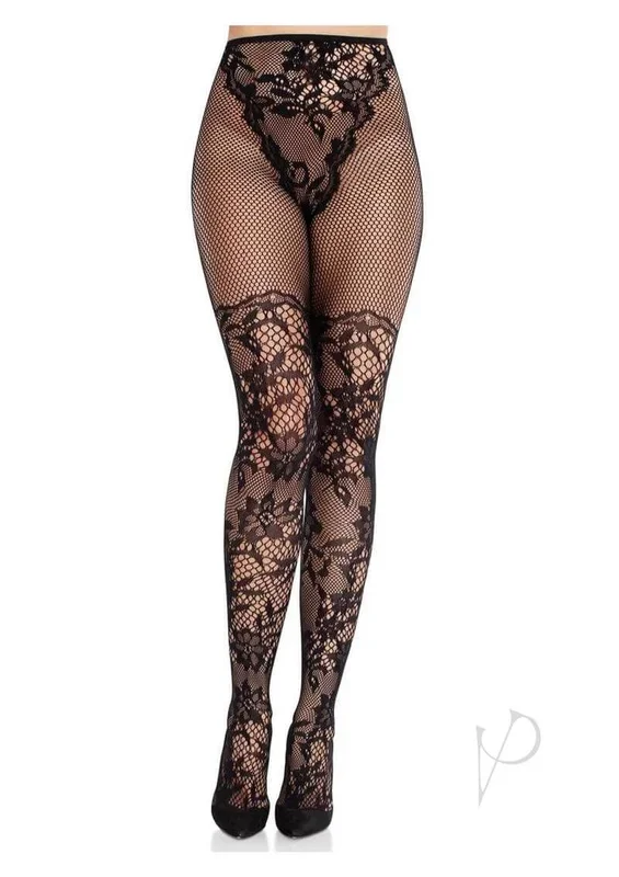 Leg Avenue French Cut Dahlia Lace Tights with Net Thigh Detail – Black – O/S