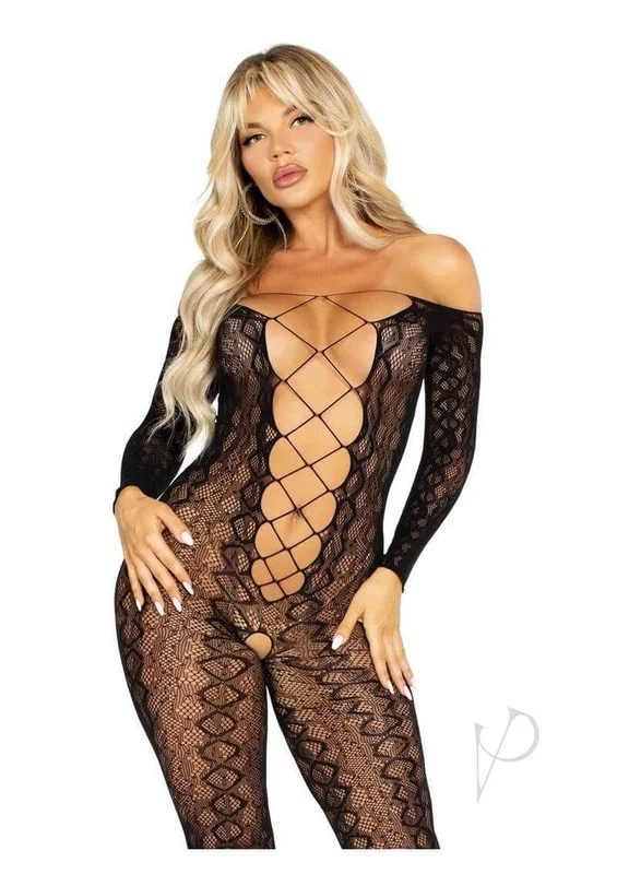 Leg Avenue Python Net Crotchless Footless Lingerie Jumpsuit Black