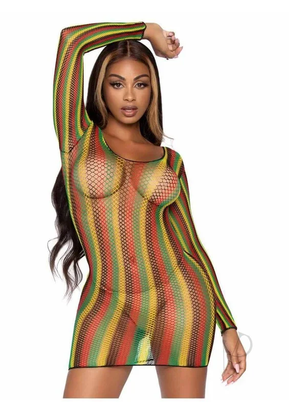 Leg Avenue Rasta Net Long Sleeved Mini Dress – Multicolor – O/S