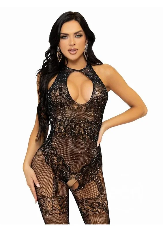 Leg Avenue Seamless Rhinestone Fishnet Bodystocking with Keyhole and Lace Lingerie Detail – O/S – Black