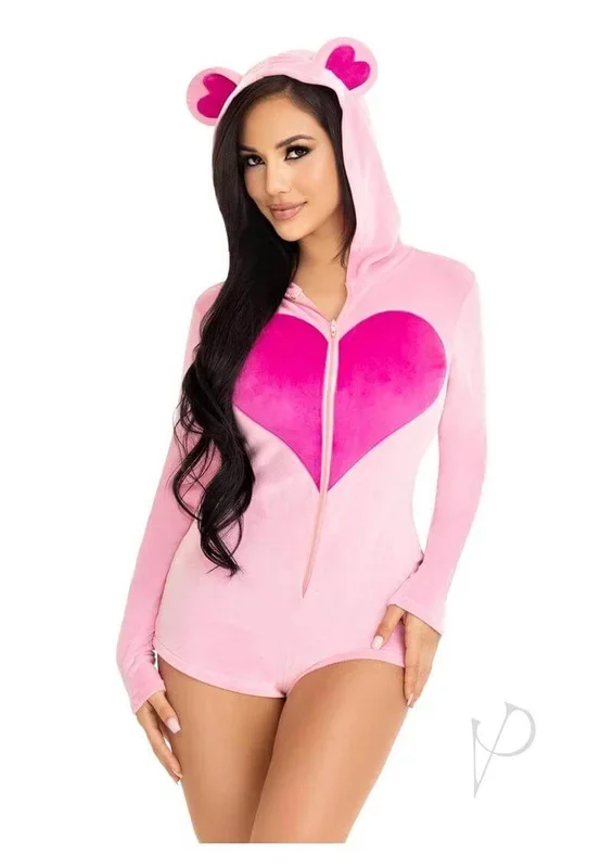 Leg Avenue Sweetheart Bear Velvet Zip Up Romper Medium Pink