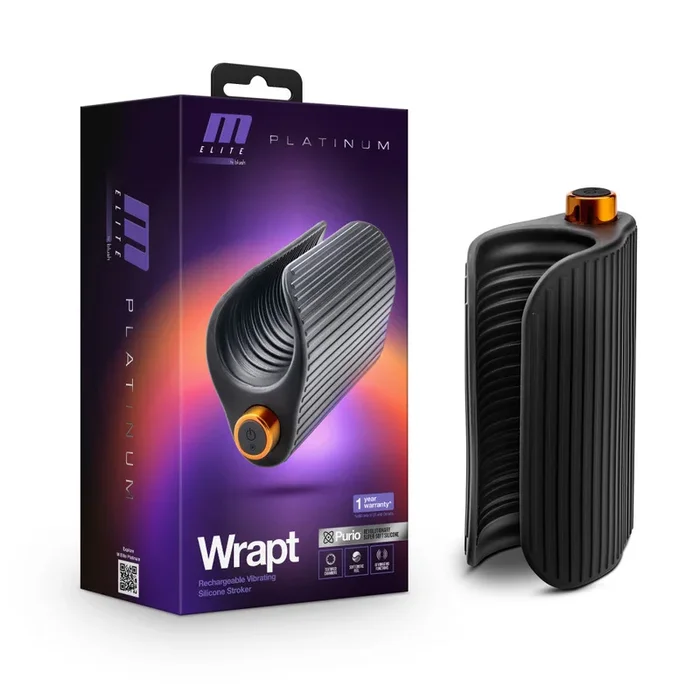 M Elite Platinum By Blush® | Wrapt 4 Inch Ribbed Vibrating Masturbator in Black – Made with Purio™ Ultra Soft Liquid Silicone