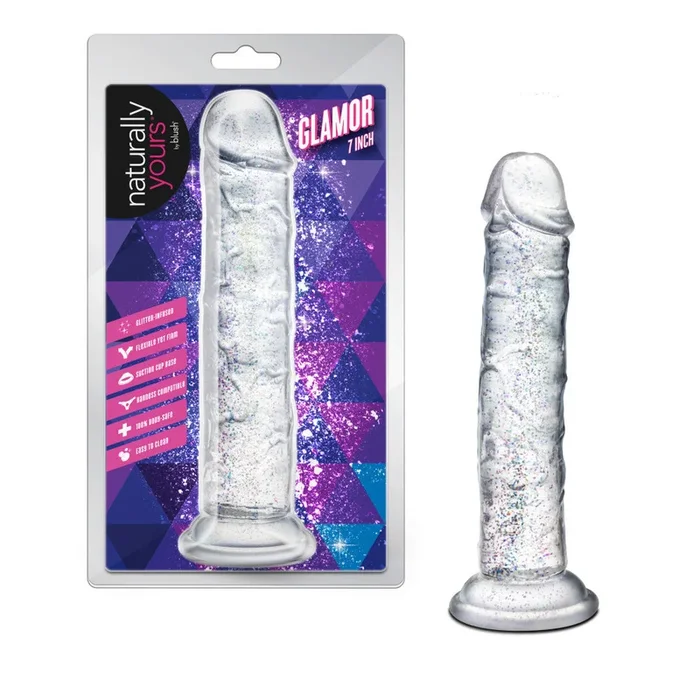 Naturally Yours | Glamor 7 Inch Realistic Glitter Dildo – G-Spot & Anal Play – Suction Base & Harness Compatible – In Clear