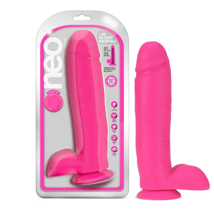 Neo By Blush® | Realistic Neon Pink 11-Inch Long Dildo With Balls & Suction Cup Base