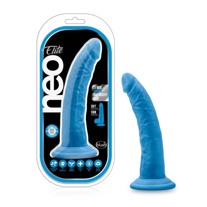 Neo Elite By Blush® | Neon Blue: 7.5-Inch Long Dildo – Made with Purio™ Silicone & SensaFeel® Dual Density Realistic Technology