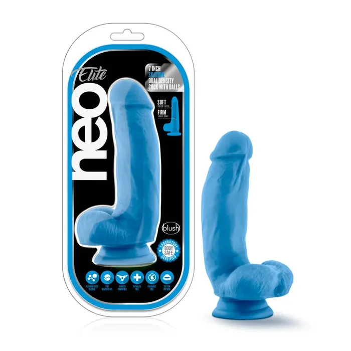 Neo Elite By Blush® | Neon Blue: 7-Inch Long Dildo – Made with Purio™ Silicone & SensaFeel® Dual Density Realistic Technology