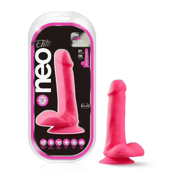 Neo Elite By Blush® | Neon Pink: 6.5-Inch Long Dildo – Made with Purio™ Silicone & SensaFeel® Dual Density Realistic Technology