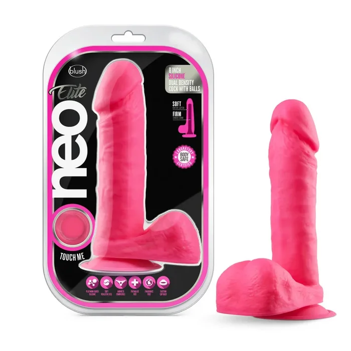 Neo Elite By Blush® | Neon Pink: 8-Inch Long Dildo – Made with Purio™ Silicone & SensaFeel® Dual Density Realistic Technology