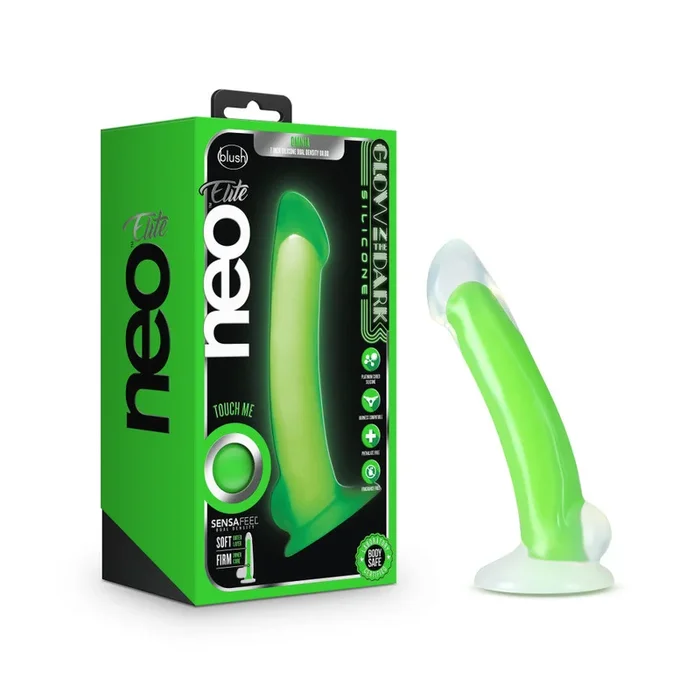 Neo Elite By Blush® | Omnia Glow In The Dark Neon Green: 7-Inch Long Curved Dildo – Made with Purio™ Silicone & SensaFeel® Dual Density Realistic Technology