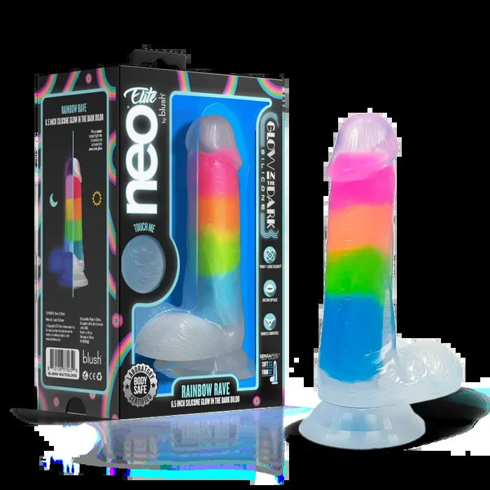 Neo Elite By Blush® | Rainbow Rave – 6.5 Inch Glow-In-The-Dark Dildo – Dual Density Liquid Silicone – Harness Compatible – Rainbow