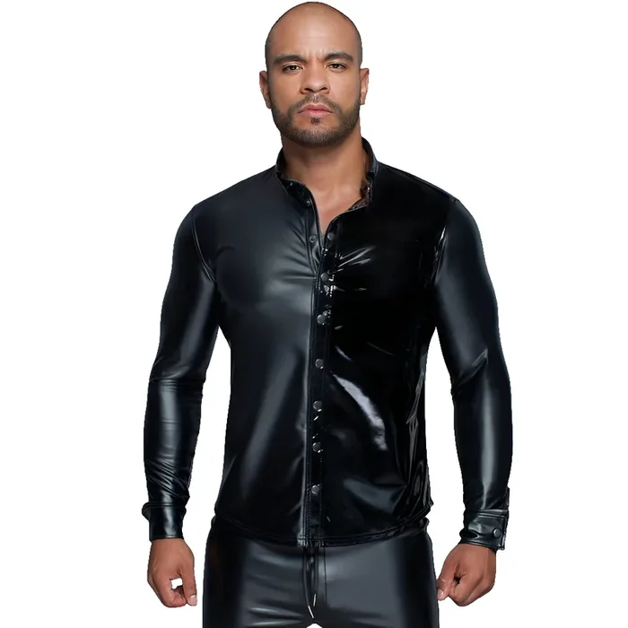 Noir Powerwetlook PVC Long Sleeved Shirt w Button Placket, Black, S-XL