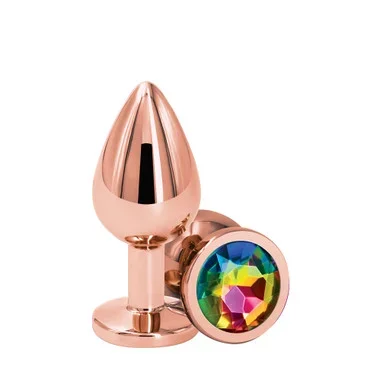 NS Novelties Rear Assets Medium Rose Gold Aluminum Anal Plug with Round Rainbow Gem