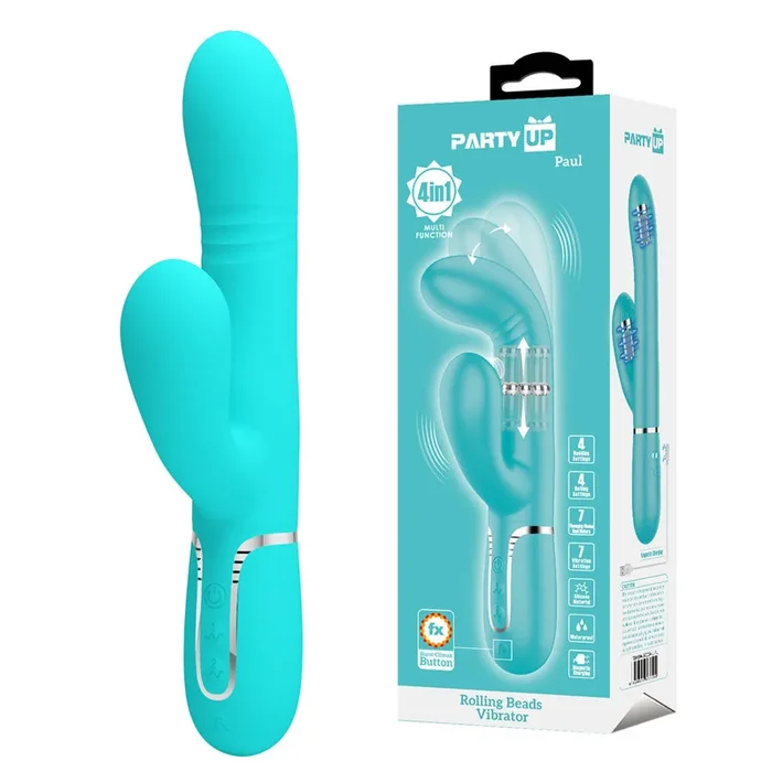 Party Up PAUL Rolling Beads Vibrator – Teal – Teal 22.6 cm USB Rechargeable Thrusting Rabbit Vibrator