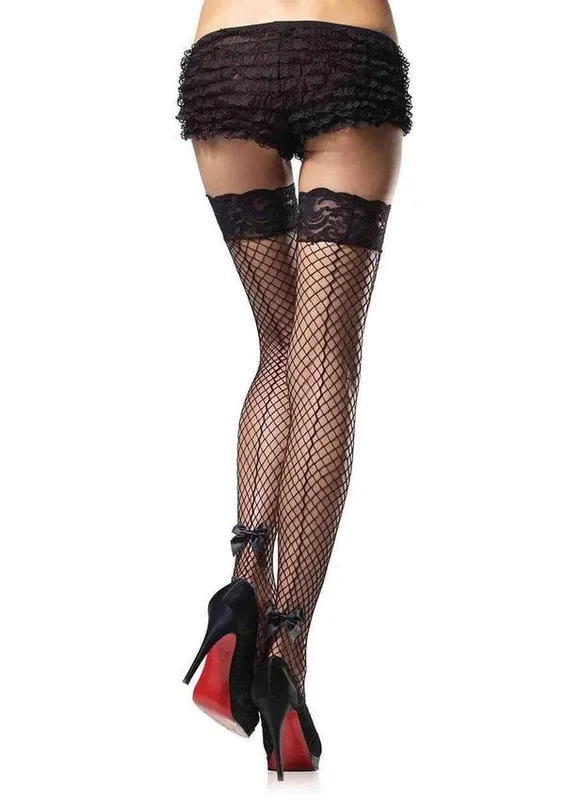 Stay Up Lace Top Industrial Net Backseam Thigh Highs with Bow Accent-OS -Black