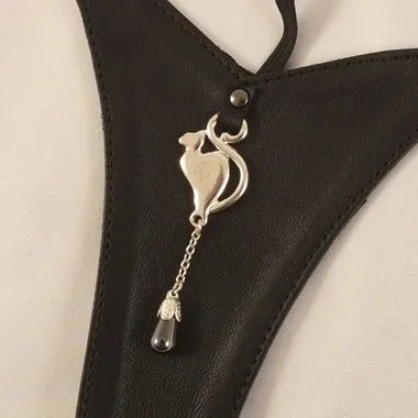 Sylvie Monthule Women’s Silver Leather G-String with Cat and Hematite Pendant